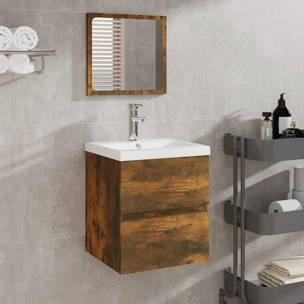 Armoire de bain avec miroir Chêne fumé Bois d'ingénierie