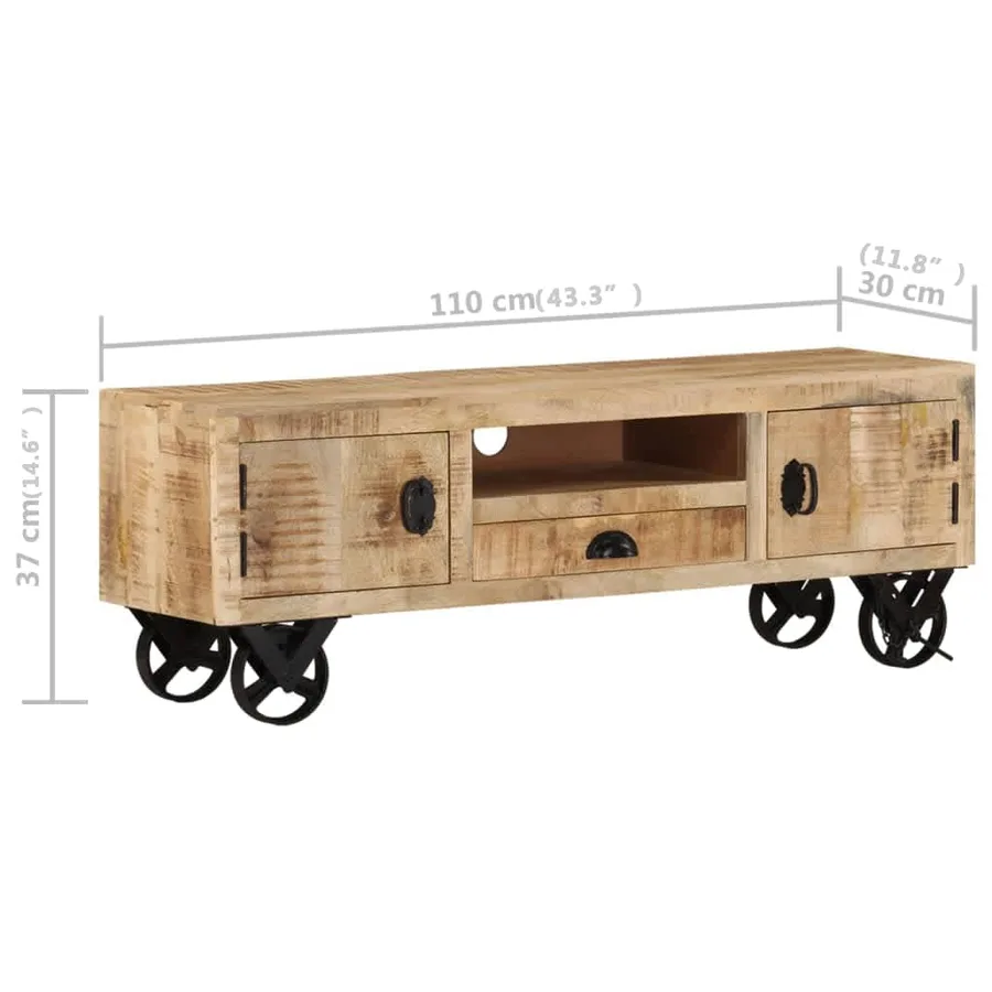 Meuble TV avec roues 110x30x37 cm Bois de manguier brut - 9