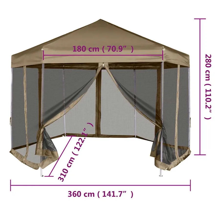 Chapiteau hexagonal et parois latérales 3,6x3,1 m taupe 220g/m² - 11