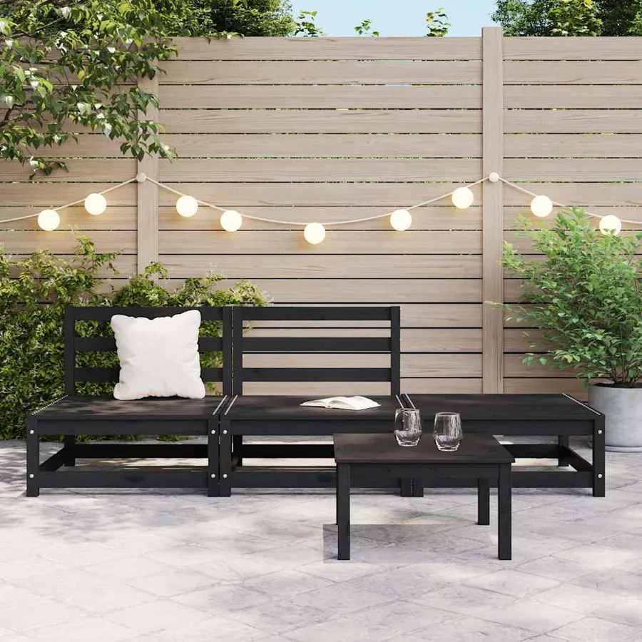Salon de jardin 3 pcs noir bois de pin massif - 2