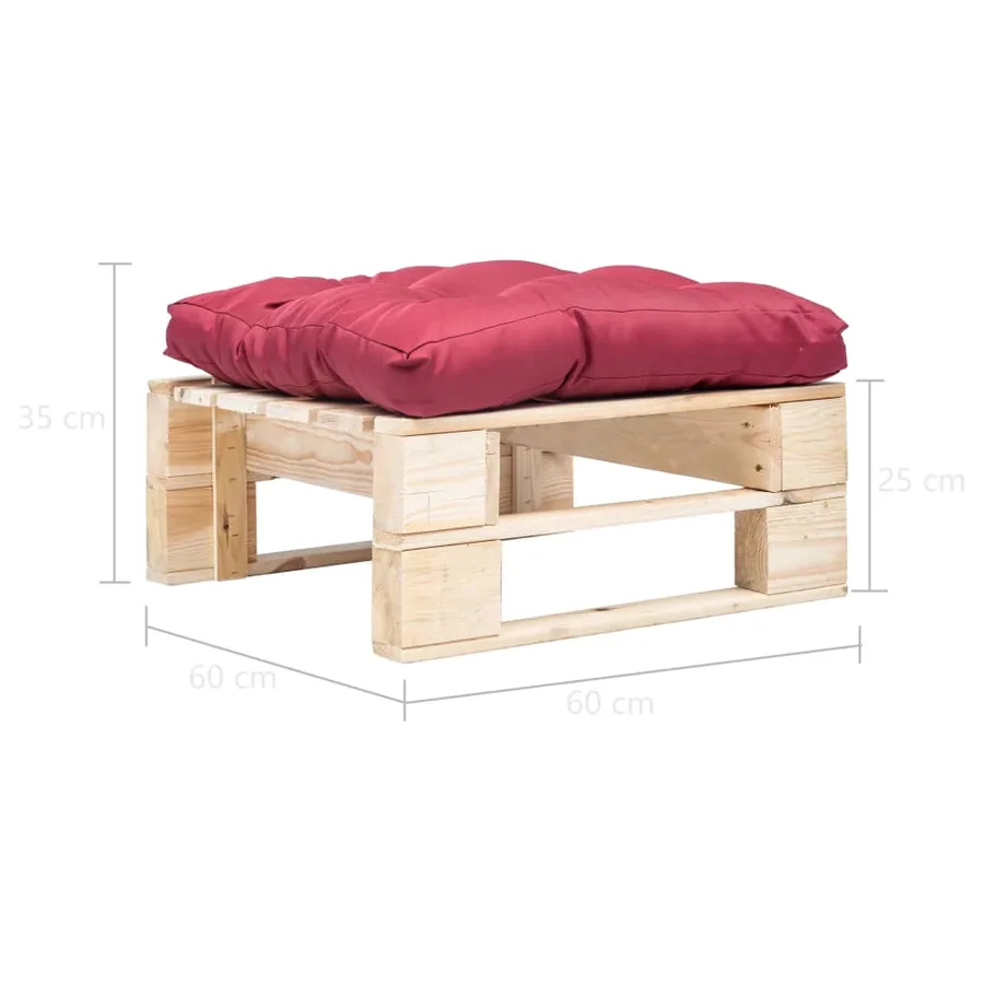 Repose-pied palette de jardin avec coussin rouge bois naturel - 3