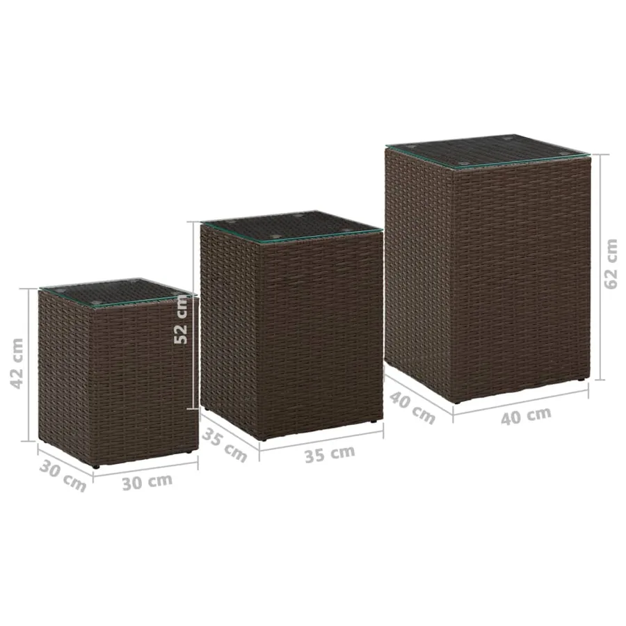 Tables d'appoint 3 pcs et dessus en verre Marron Résine tressée - 7
