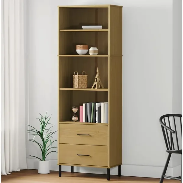 Bibliothèque à 2 tiroirs Marron 60x35x180 cm Bois massif OSLO