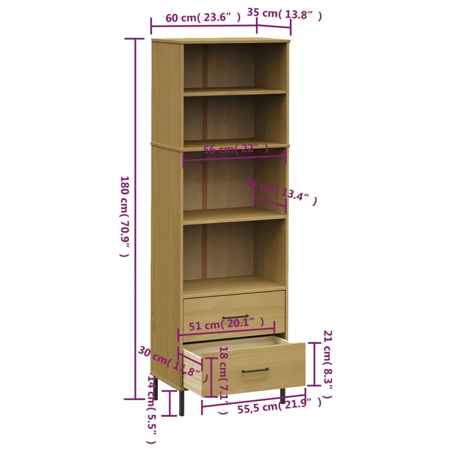 Bibliothèque à 2 tiroirs Marron 60x35x180 cm Bois massif OSLO - 8