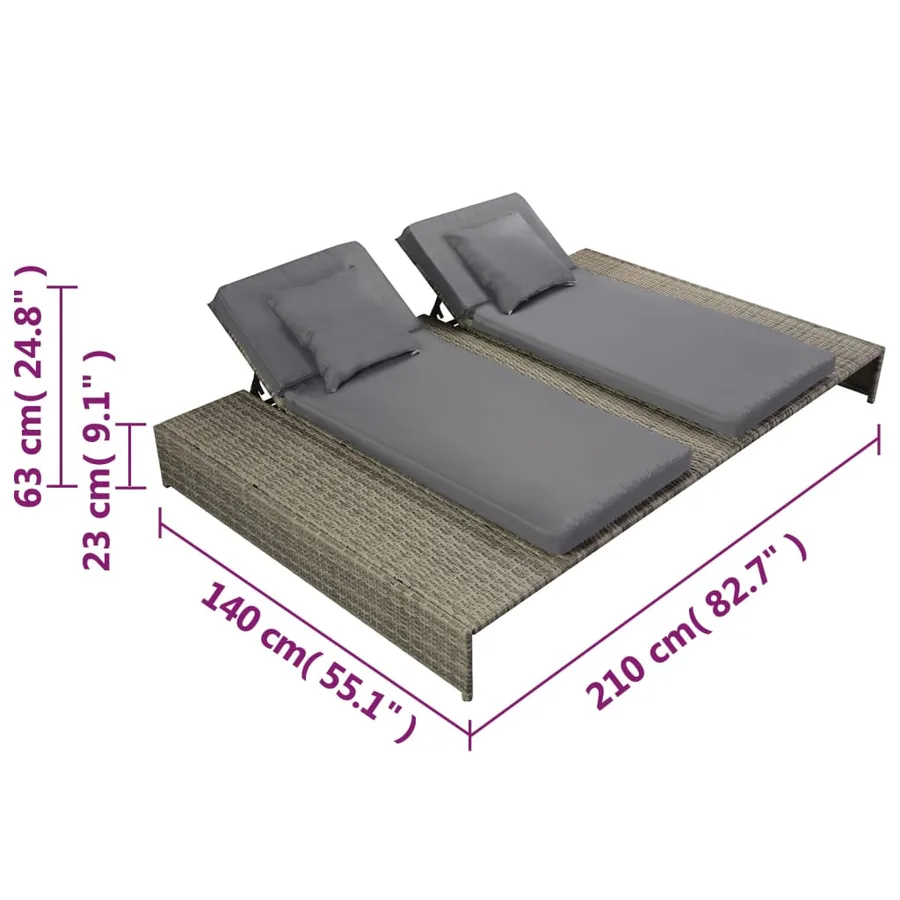 Chaise longue double avec coussin Résine tressée Gris - 5