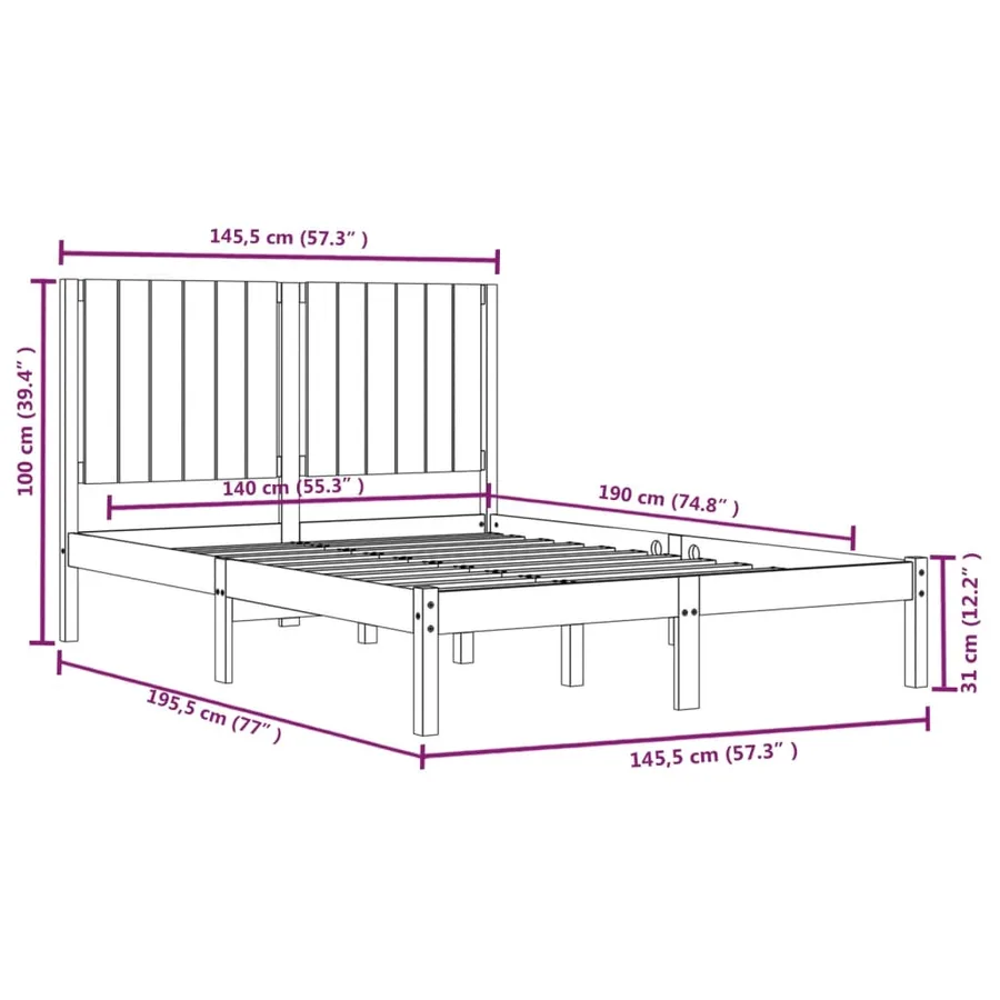 Cadre de lit sans matelas noir 140x190 cm bois de pin massif - 6