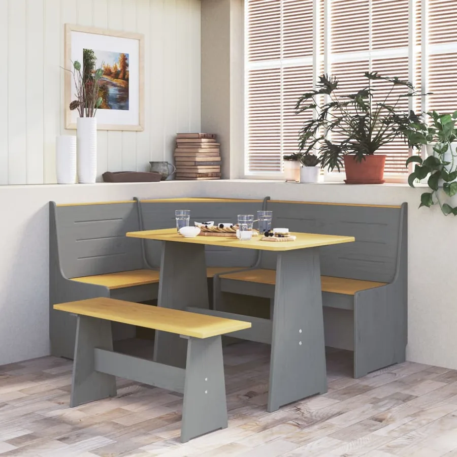 Ensemble à manger REINE 3 pcs marron miel gris bois pin massif