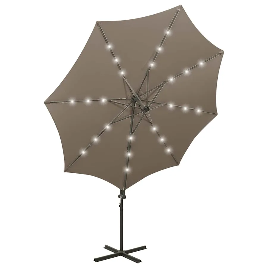 Parasol de jardin en porte-à-faux et mât et lumières LED taupe - 5