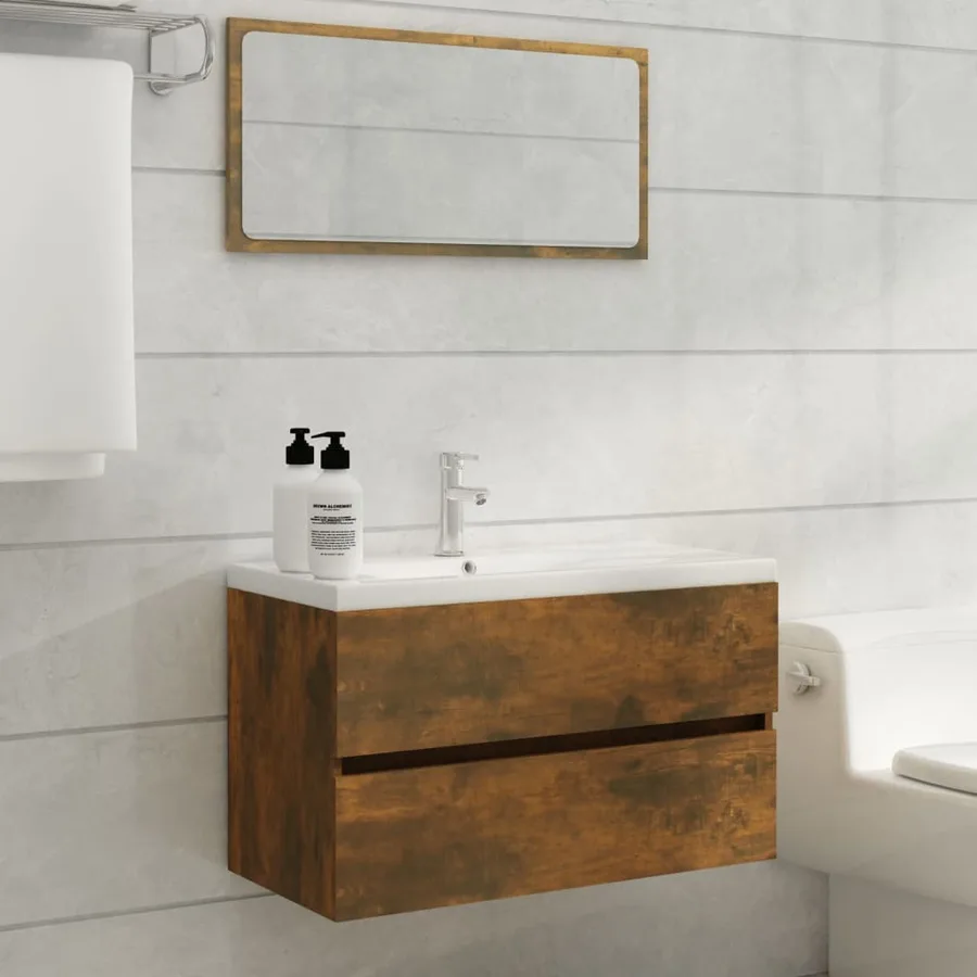 Armoire de lavabo Chêne fumé 80x38,5x45 cm Bois d'ingénierie - 3