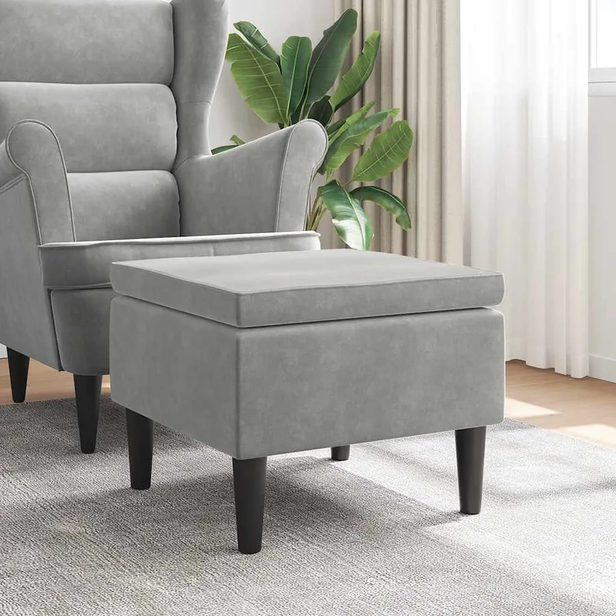 Tabouret avec pieds en bois et velours gris clair