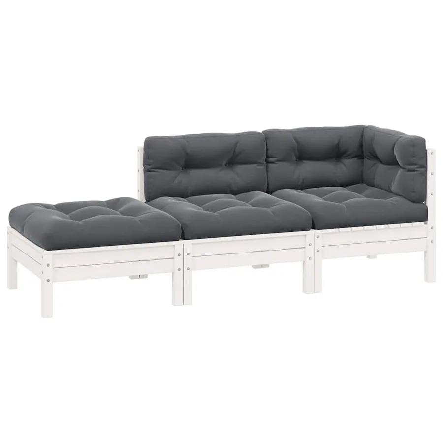 Salon de jardin 3 pcs avec coussins Blanc Bois de pin solide - 2