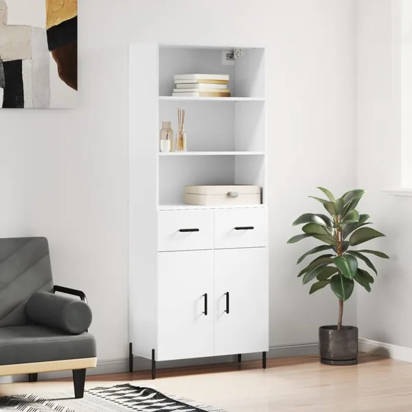 Buffet haut Blanc brillant 69,5x34x180 cm Bois d'ingénierie