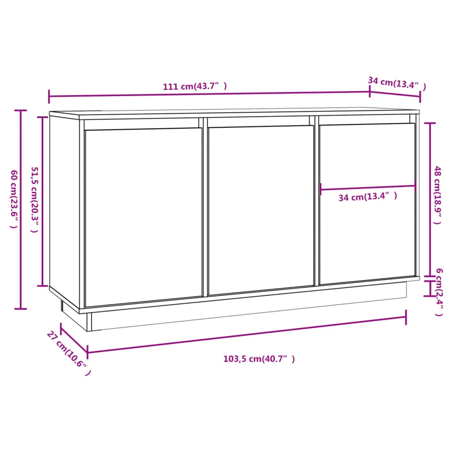 Buffet Blanc 111x34x60 cm Bois massif de pin - 9