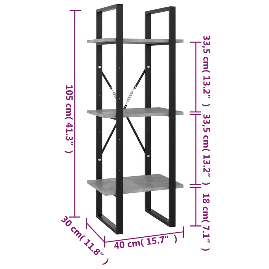 Bibliothèque à 3 niveaux gris béton 40x30x105cm bois ingénierie - 7
