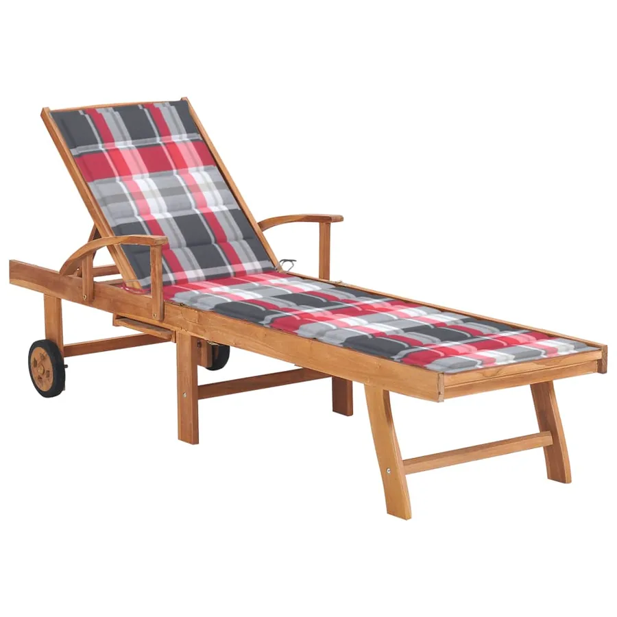 Chaise longue avec coussin à carreaux gris Bois de teck solide - 17