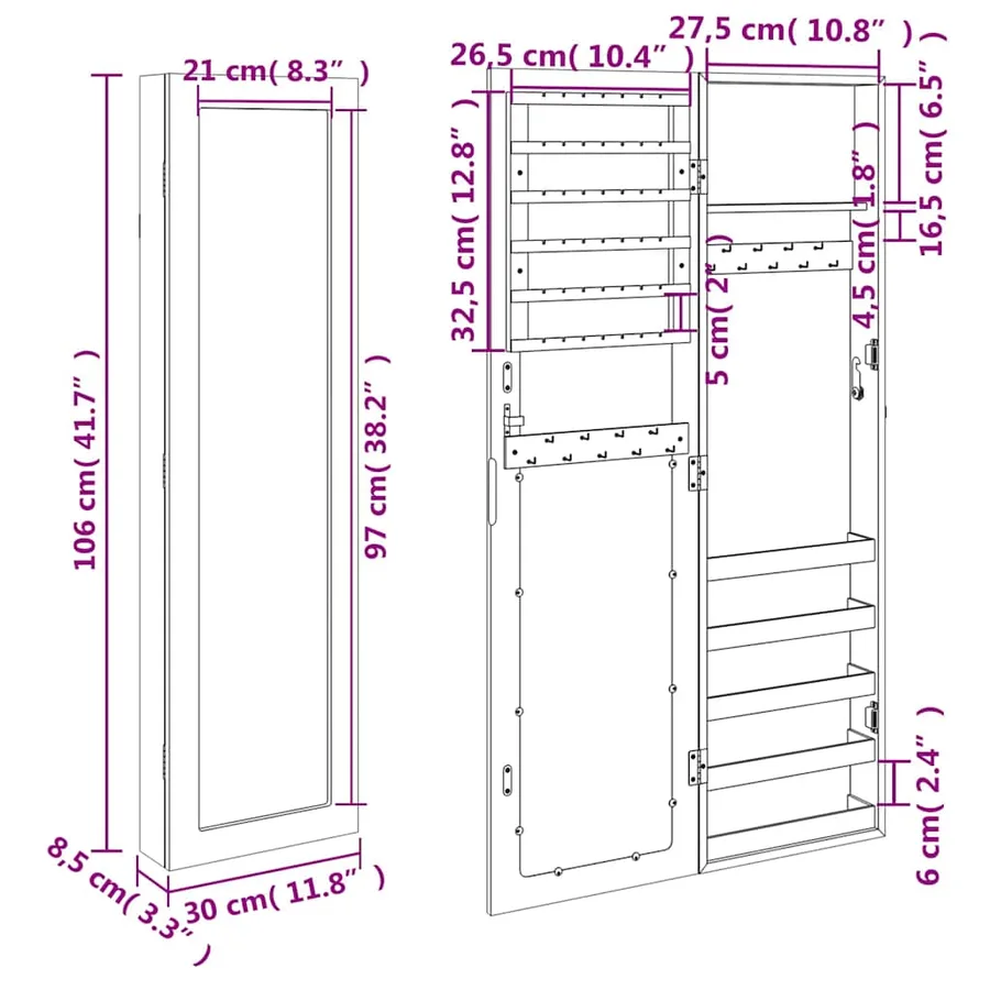 Armoire à bijoux avec miroir murale blanc 30x8,5x106 cm - 11
