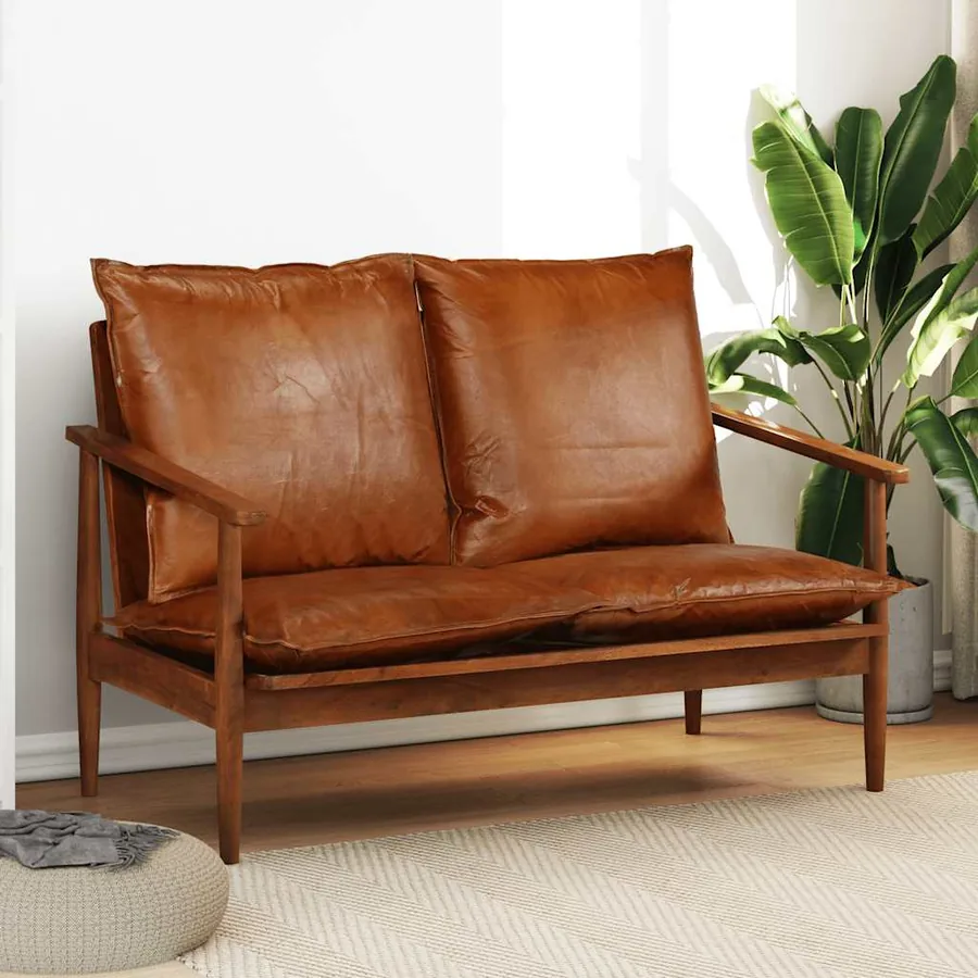 Canapé à 2 places Cuir véritable avec bois d'acacia Marron
