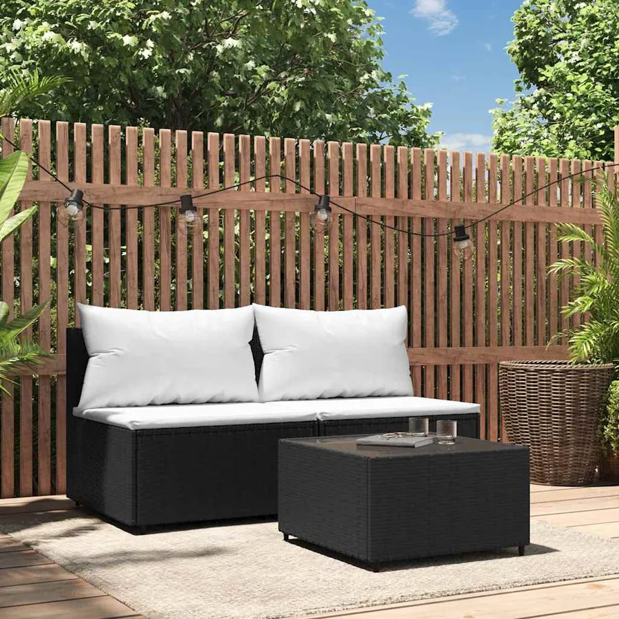 Salon de jardin 3 pcs avec coussins Noir Résine tressée