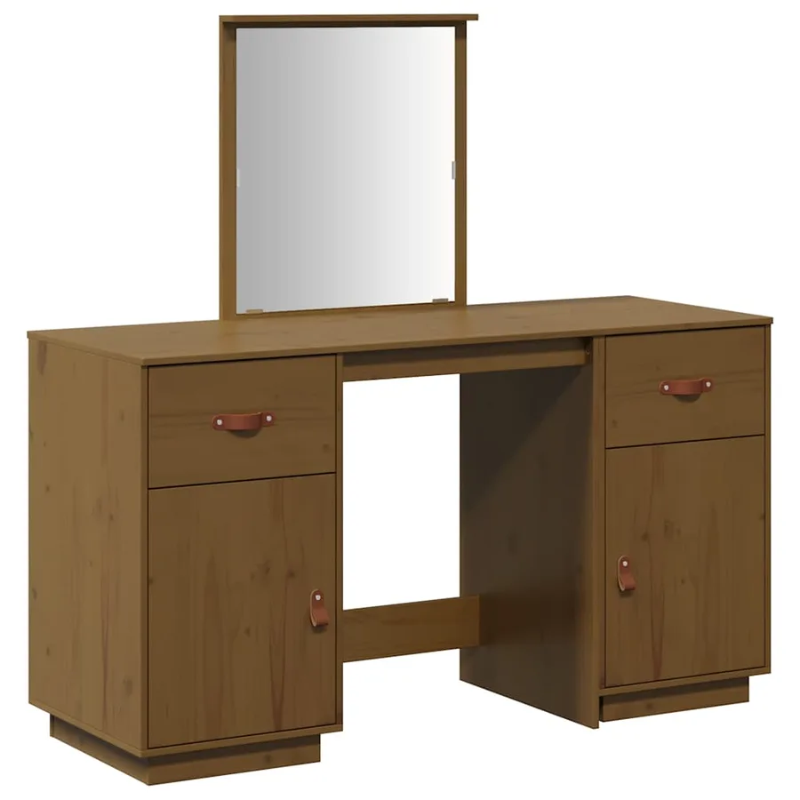 Ensemble de coiffeuse et miroir Marron miel Bois de pin solide - 2