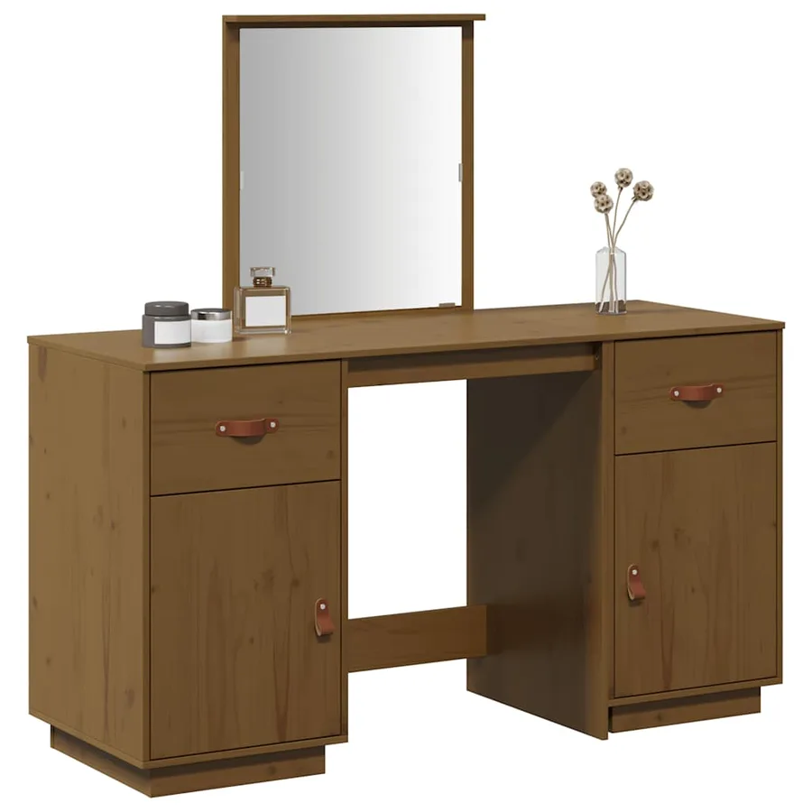 Ensemble de coiffeuse et miroir Marron miel Bois de pin solide - 4