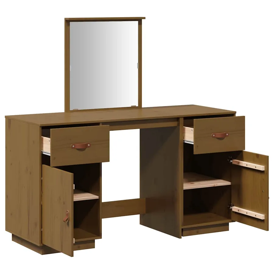 Ensemble de coiffeuse et miroir Marron miel Bois de pin solide - 8