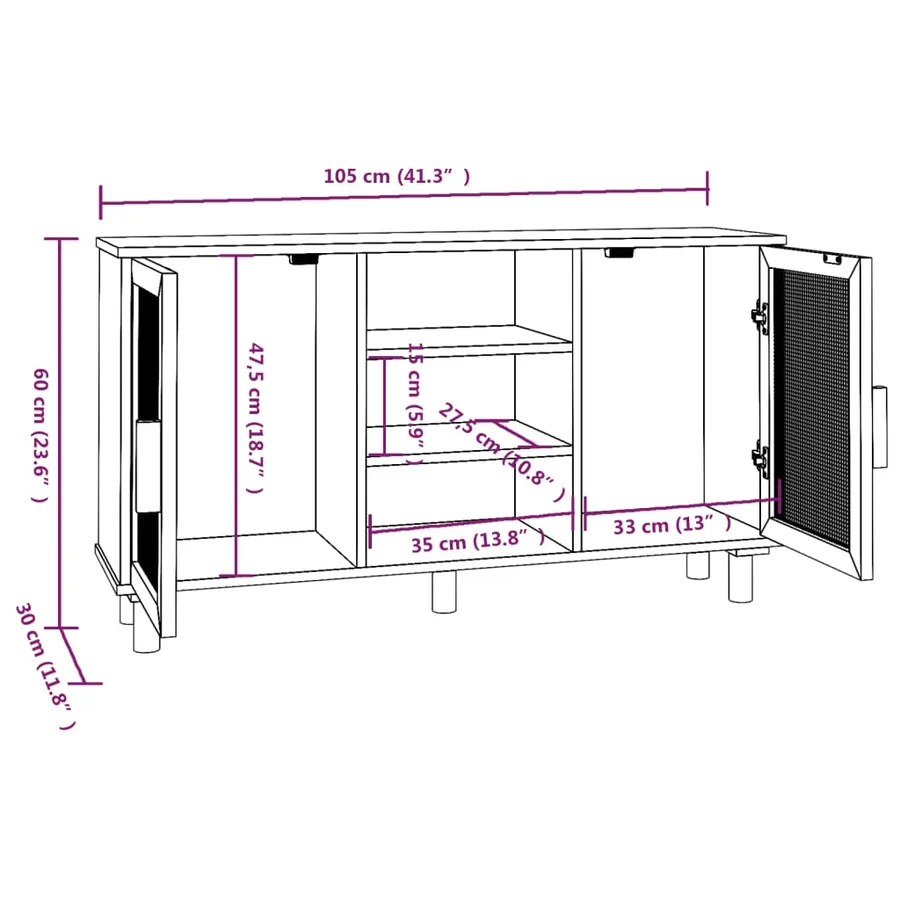 Buffet Noir 105x30x60 cm Bois de pin massif et rotin naturel - 8