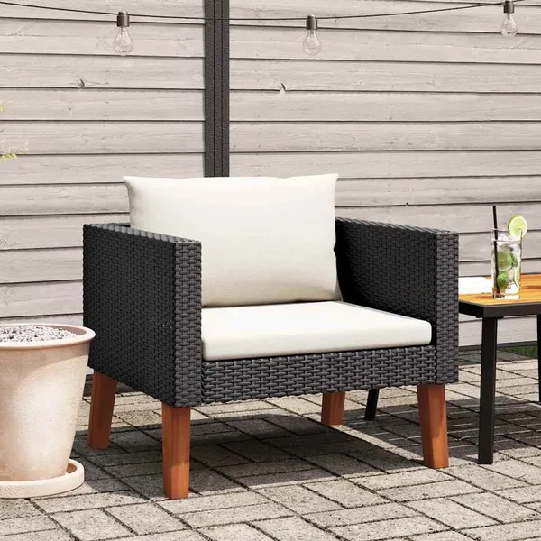 Canapé simple de jardin avec coussins Résine tressée Noir