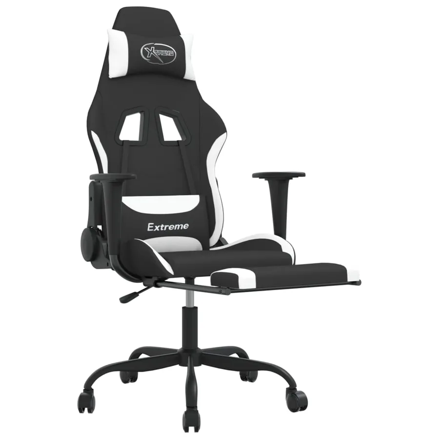 Chaise de jeu de massage avec repose-pied Noir et blanc Tissu - 4