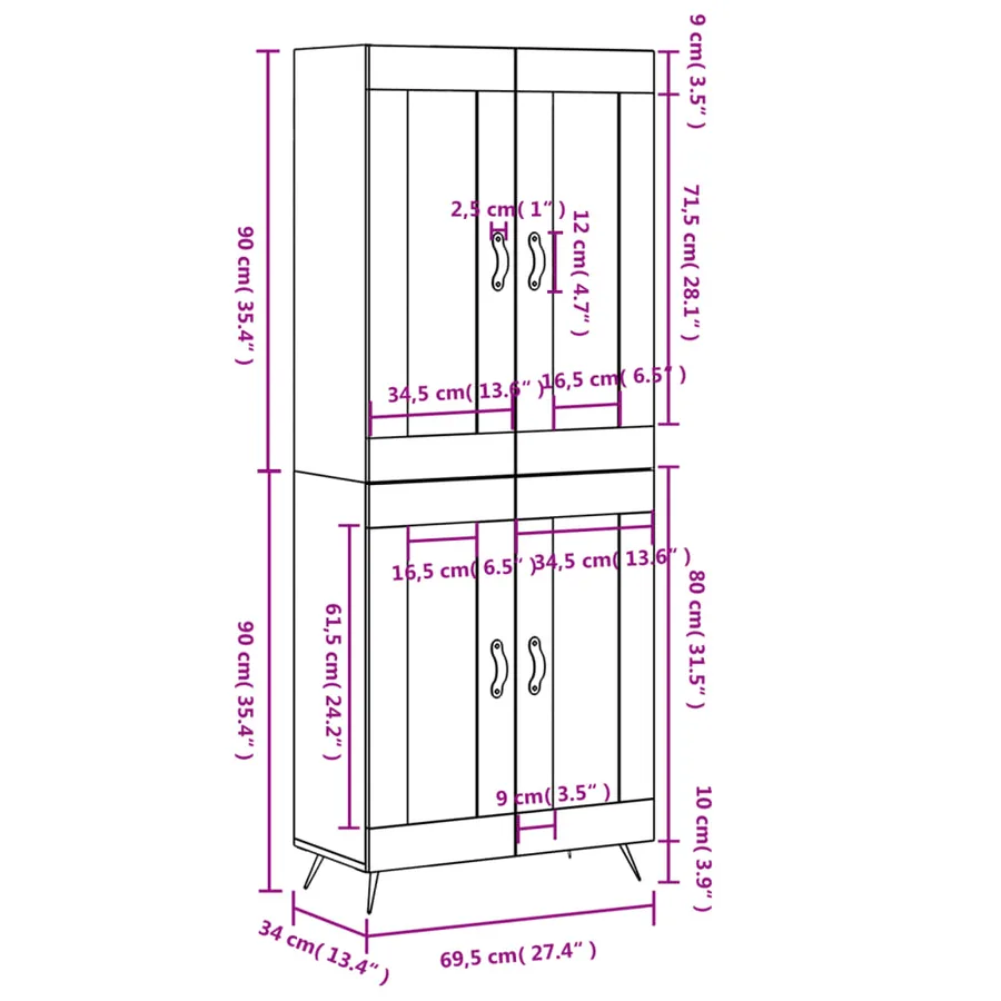 Buffet haut Sonoma gris 69,5x34x180 cm Bois d'ingénierie - 13