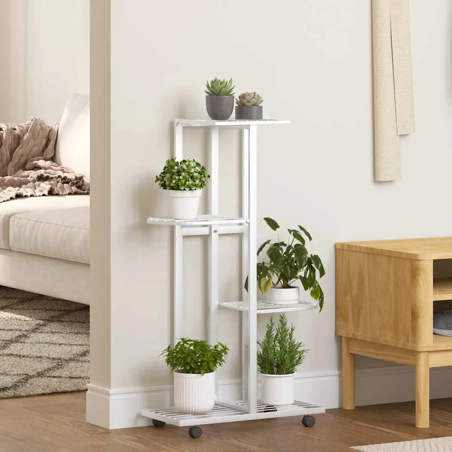 Jardinière à 4 niveaux avec roues 44x23x80 cm Blanc Fer