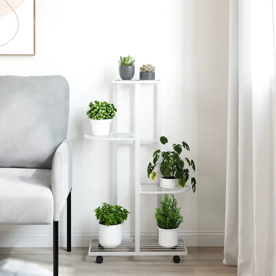 Jardinière à 4 niveaux avec roues 44x23x80 cm Blanc Fer - 3