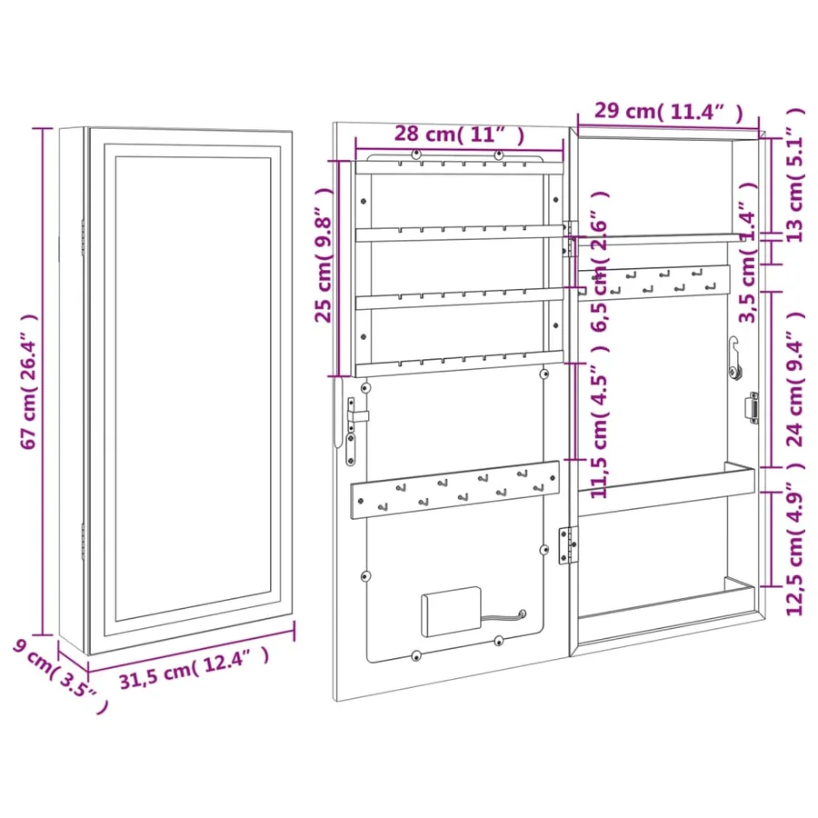Armoire à bijoux avec miroir et éclairage LED mural - 12