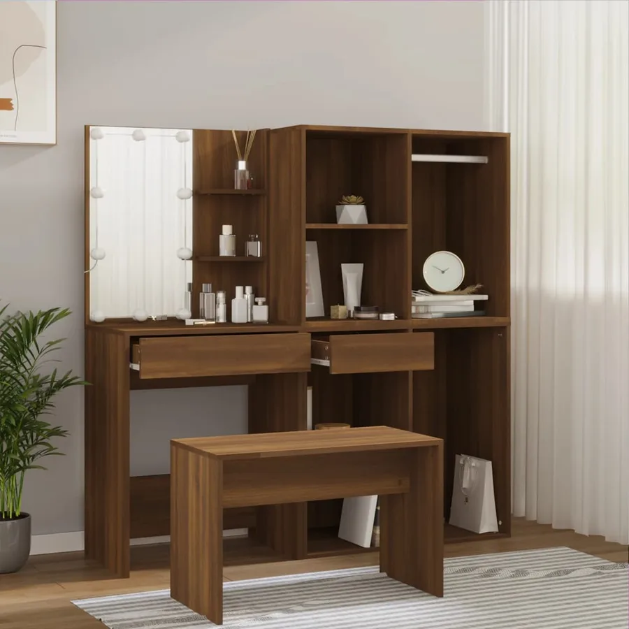 Ensemble de coiffeuse avec LED Chêne marron Bois d'ingénierie - 4