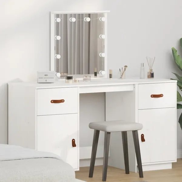 Ensemble de coiffeuse avec LED Blanc Bois de pin solide