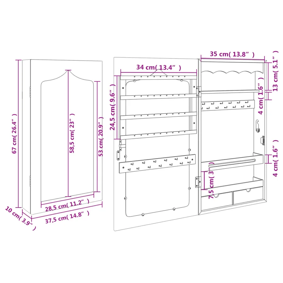 Armoire à bijoux avec miroir murale noir 37,5x10x67 cm - 11