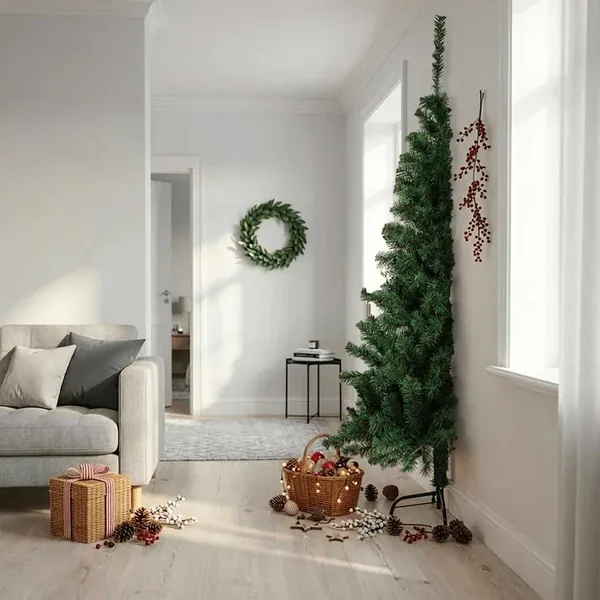 Sapin de Noël artificiel moitié avec support vert 210 cm PVC
