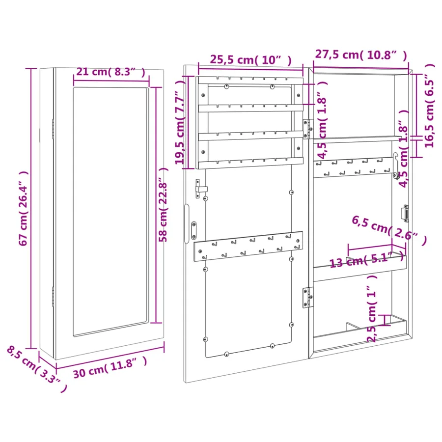 Armoire à bijoux avec miroir murale noir 30x8,5x67 cm - 11