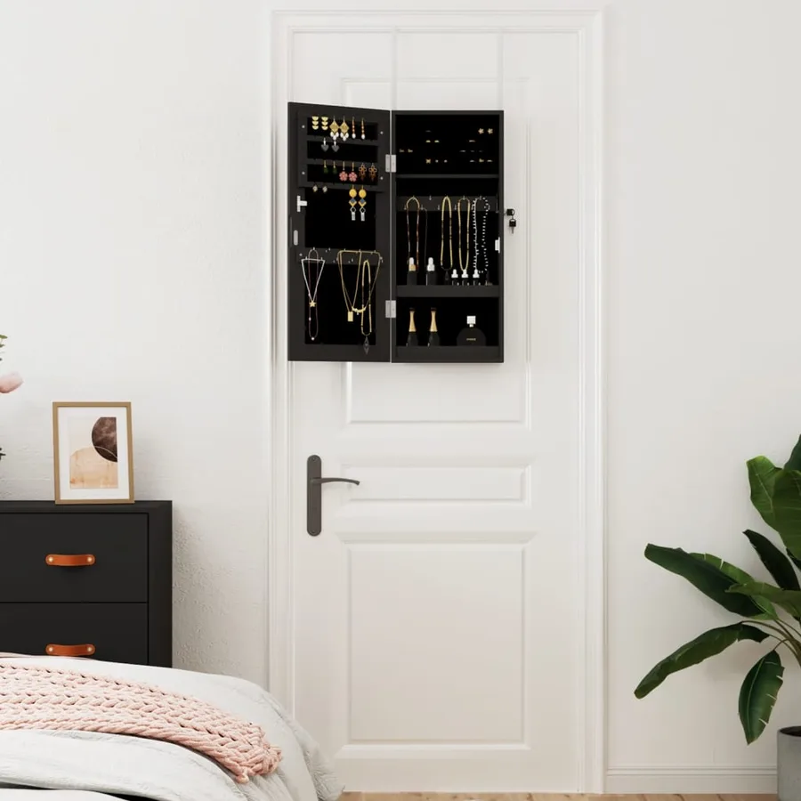 Armoire à bijoux avec miroir murale noir 30x8,5x67 cm - 3
