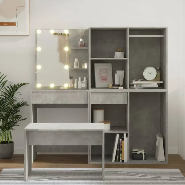 Ensemble de coiffeuse avec LED Gris béton Bois d'ingénierie