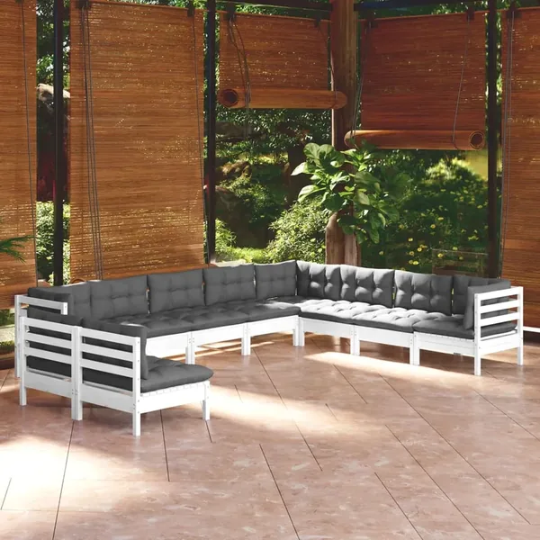 Salon de jardin 10 pcs avec coussins blanc bois de pin massif