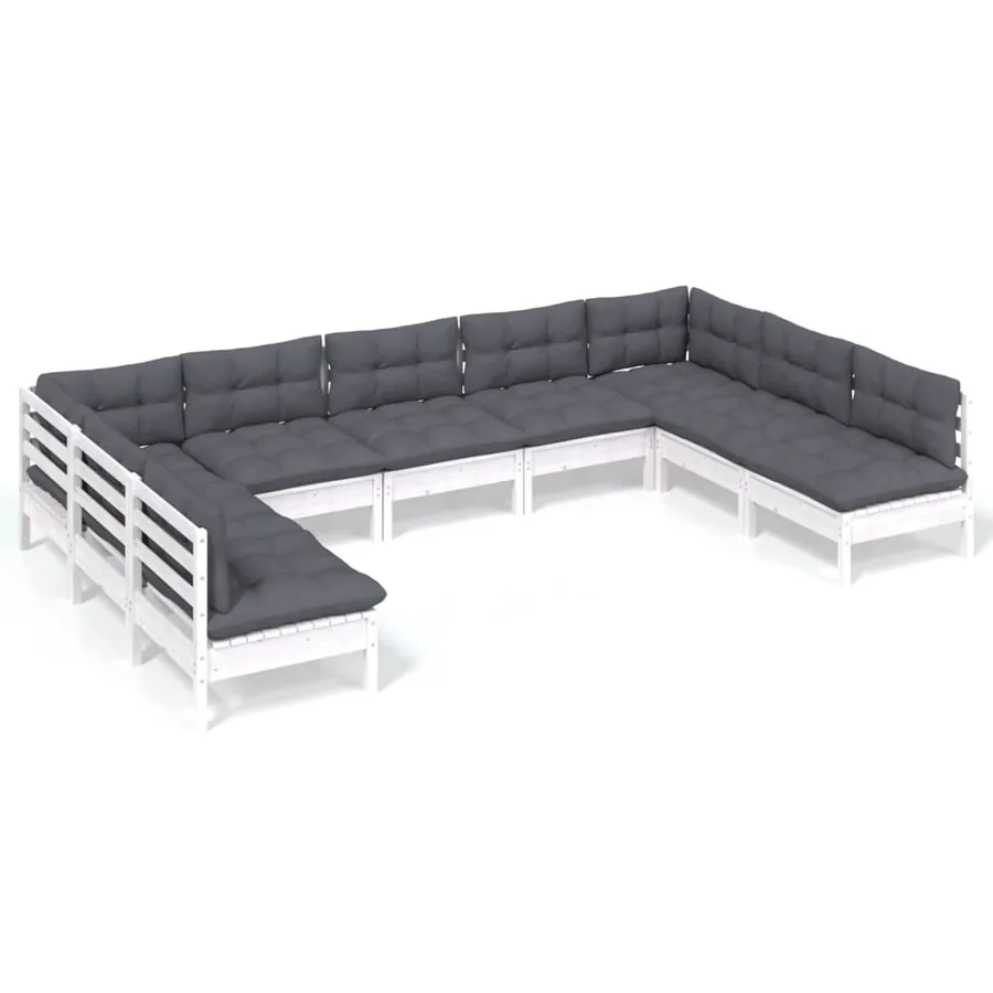 Salon de jardin 9 pcs avec coussins blanc bois de pin massif - 2