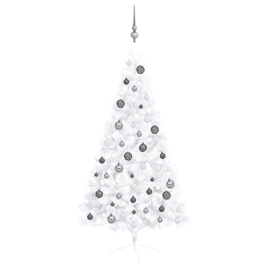 Demi-arbre de Noël artificiel pré-éclairé et boules blanc 150cm