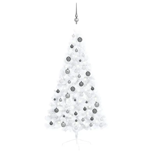Demi-arbre de Noël artificiel pré-éclairé et boules blanc 150cm