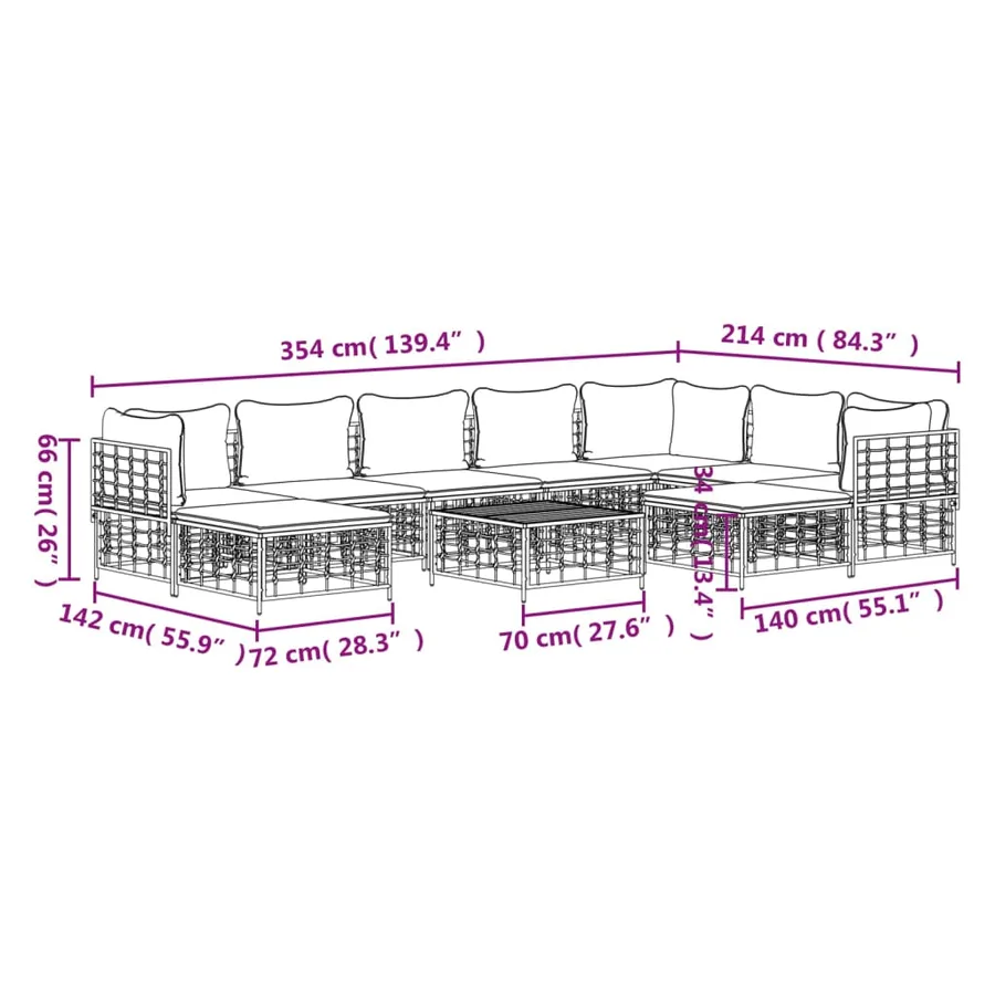 Salon de jardin 10 pcs avec coussins anthracite résine tressée - 10