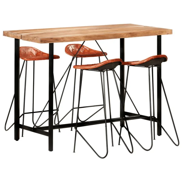 Ensemble de bar 5 pcs Bois solide et cuir véritable
