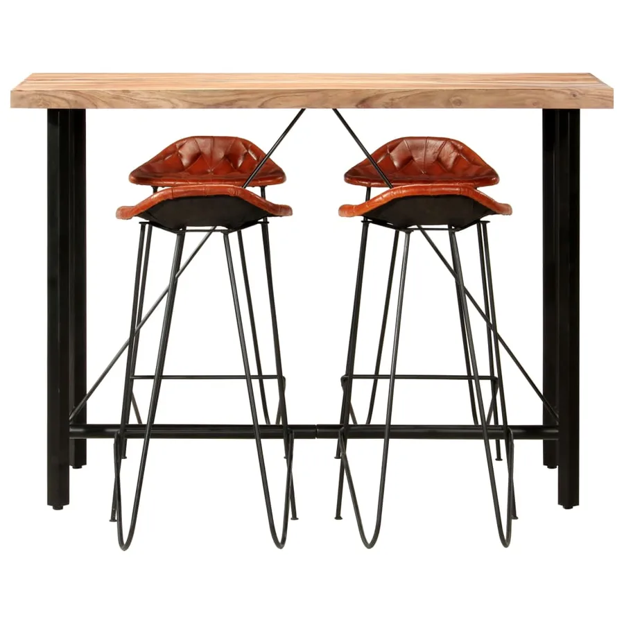 Ensemble de bar 5 pcs Bois solide et cuir véritable - 2