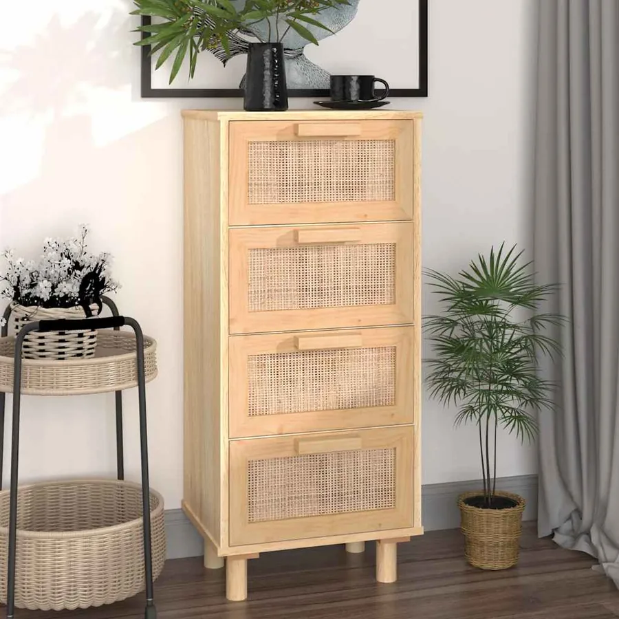 Buffet Marron 40x30x90 cm Bois de pin massif et rotin naturel