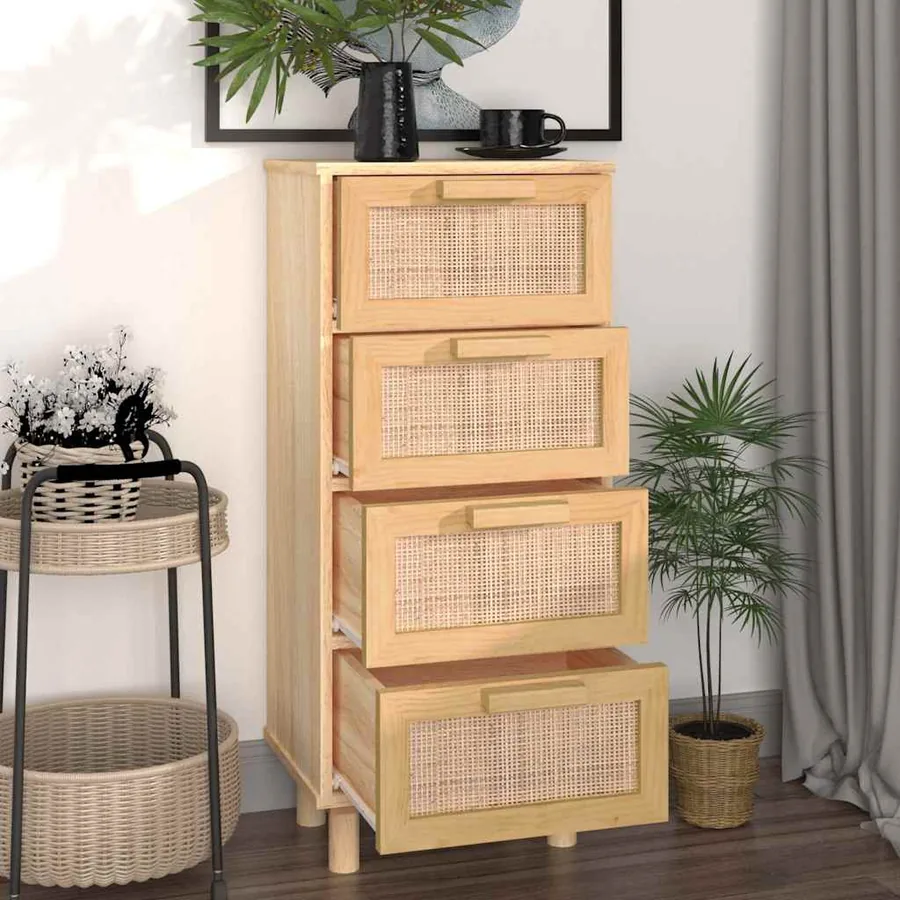 Buffet Marron 40x30x90 cm Bois de pin massif et rotin naturel - 3