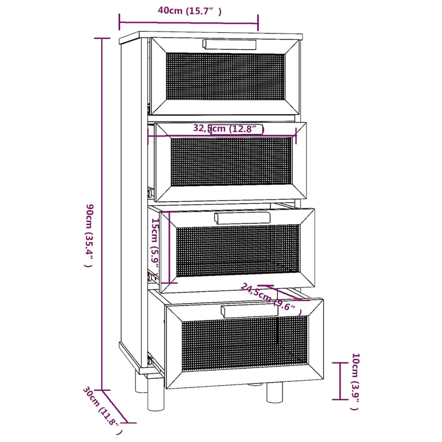 Buffet Marron 40x30x90 cm Bois de pin massif et rotin naturel - 8