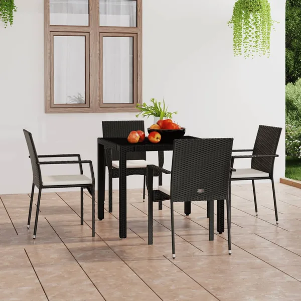 Chaises de jardin lot de 4 avec coussins Résine tressée Noir